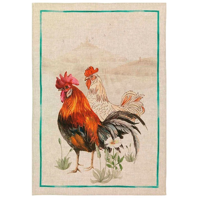 Linen tea towel Black Roosters