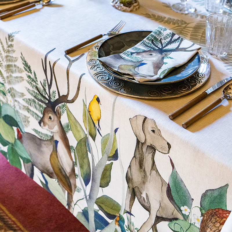 linen tablecloth with hunting scenes