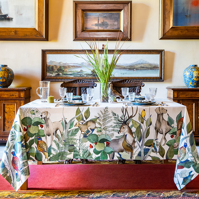 linen tablecloth with hunting scenes