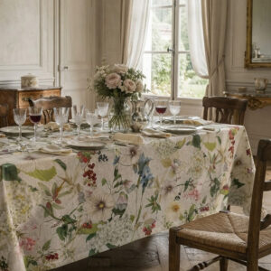 Ibisco floral linen tablecloth on a set table in a classic French dining room with crystal glasses, roses and gilded mirror