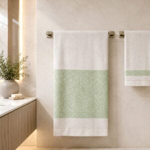 Tropicana ecru linen towels with a green woven geometric band, displayed in an elegant modern bathroom.