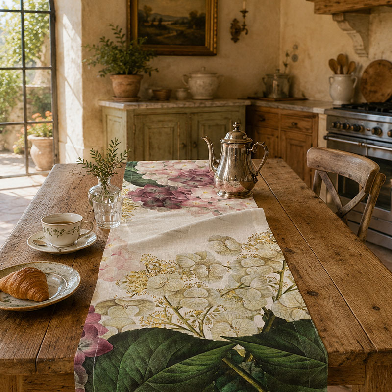 LUXURY-LINEN--TABLE-RUNNER-HYDRANGEA-2--LA-BOTTEGA-DI-CASA Ortensia linen table runner on a rustic table in a French country kitchen with silver teapot, croissant and small herb vase
