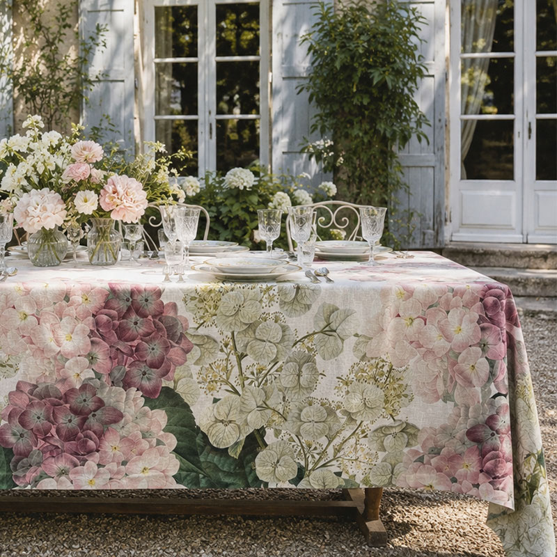 LUXURY-LINEN-TABLECLOTH-HYDRANGEA---LA-BOTTEGA-DI-CASA hydrangea linen tablecloth on an outdoor table in a French garden with blue shutters, pink rose bouquet and crystal glasses