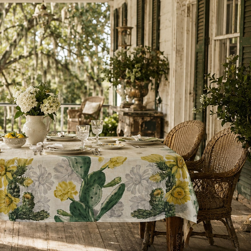 luxury-linen-tableclloth-nopal4-la-bottega-di-casa Nopal linen tablecloth on a table on an American Southern veranda with wicker chairs, white jug with hydrangeas, crystal glasses and white plates