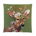 Cushion with an image of a deer adorned with flowers