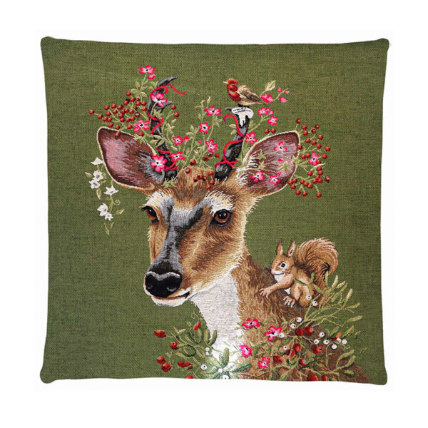 Cushion with an image of a deer adorned with flowers