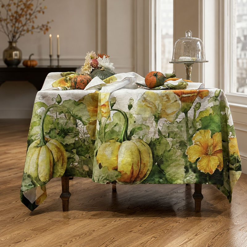 pumpkin-flowers-luxury-linen-tablecloth-la-bottega-di-casa Pumpkin Flowers linen tablecloth on a table in an elegant dining room with real pumpkins, dahlias and a glass cake stand — yellow pumpkins and orange blossoms in watercolour on the drop