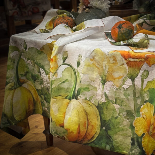 linen tablecloth with pumpkins flowers motives