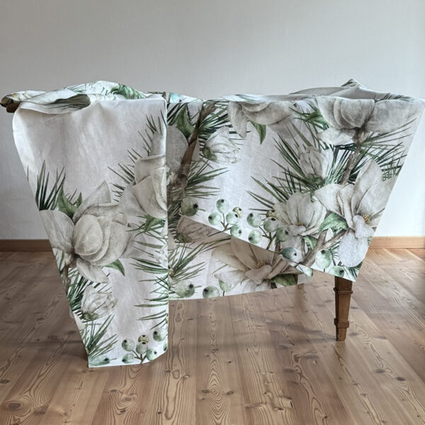 Linen Tablecloth with Pine Needles and Magnolia Flowers
