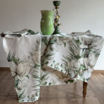 Linen Tablecloth with Pine Needles and Magnolia Flowers