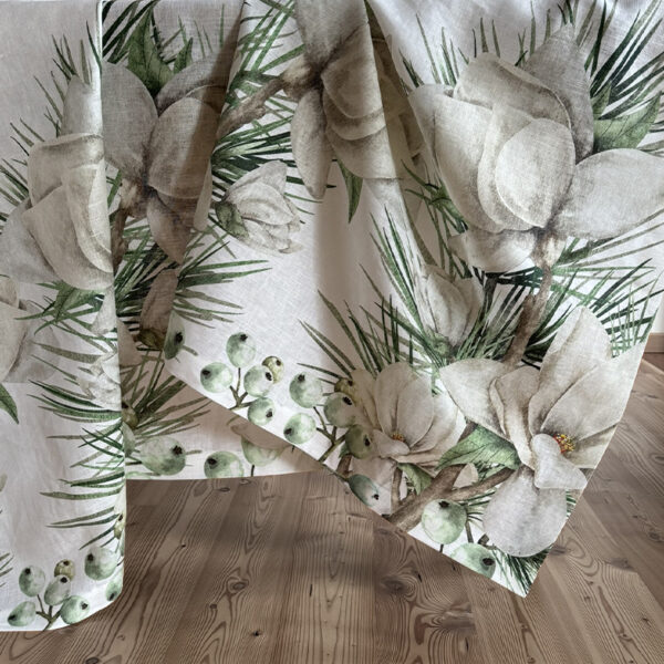 Linen Tablecloth with Pine Needles and Magnolia Flowers