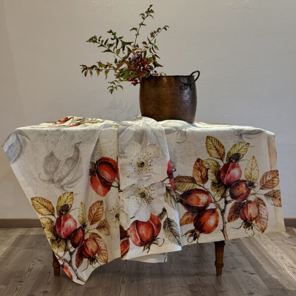 Linen Tablecloth with Rosehips designs