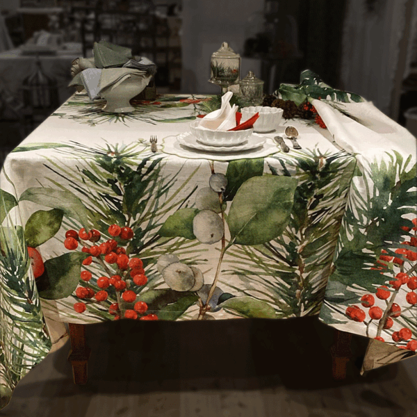 Tablecloth with leaves and red berries design