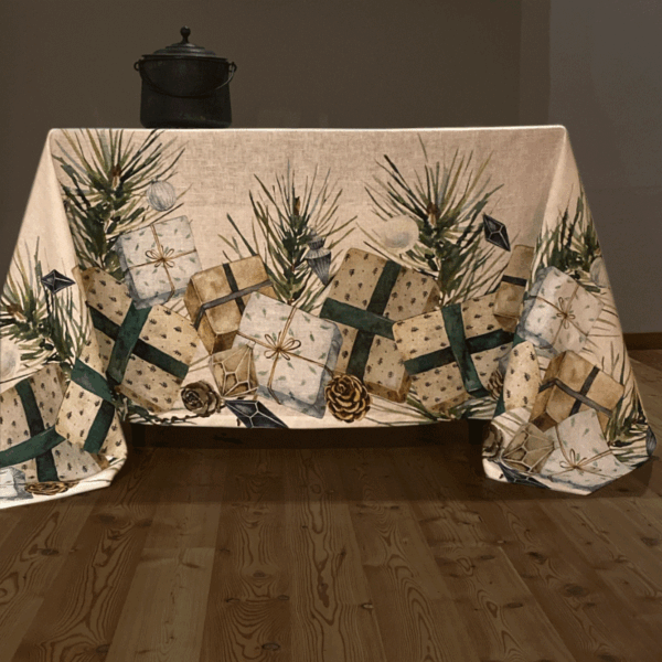 tablecloth with design with festive elements such as wrapped gift boxes with green and beige ribbons, pine branches, pinecones, and delicate ornaments