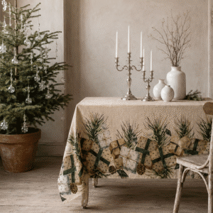 Christmas tablecloth with gift parcels and pine branches, styled with a silver candelabra and crystal vases – La Bottega di Casa.