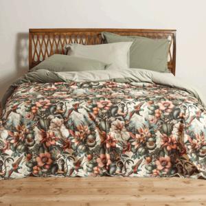 bedspread with a lively, tropical design featuring exotic flower patterns and playful monkeys