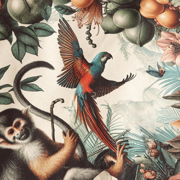 bedspread with a lively, tropical design featuring exotic flower patterns and playful monkeys