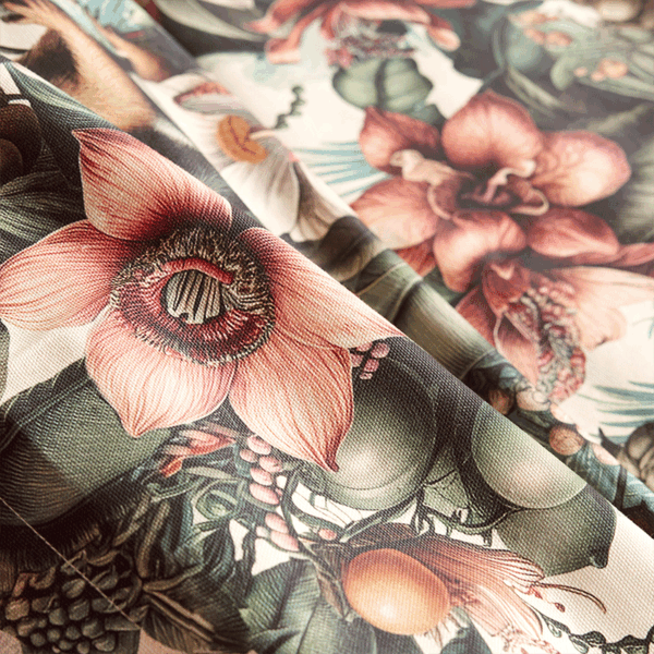 bedspread with a lively, tropical design featuring exotic flower patterns and playful monkeys
