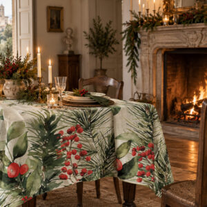 Foglie e Bacche Christmas linen tablecloth with a green and red botanical print, on a candlelit table in front of a lit fireplace.