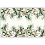 tablecloth with design with festive elements such as wrapped gift boxes with green and beige ribbons, pine branches, pinecones, and delicate ornaments