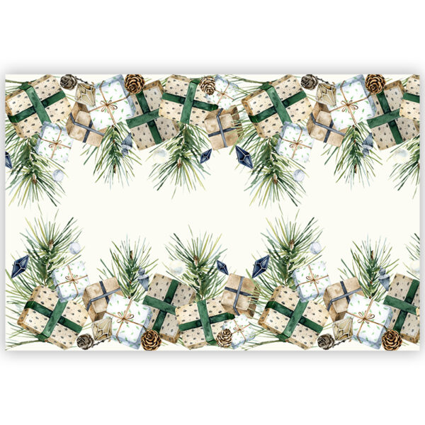 tablecloth with design with festive elements such as wrapped gift boxes with green and beige ribbons, pine branches, pinecones, and delicate ornaments