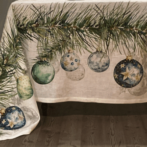 Christmas tablecloth in pure linen featuring an elegant print of pine branches and Christmas baubles in shades of green and gold