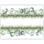 Christmas tablecloth in pure linen featuring an elegant print of pine branches and Christmas baubles in shades of green and gold
