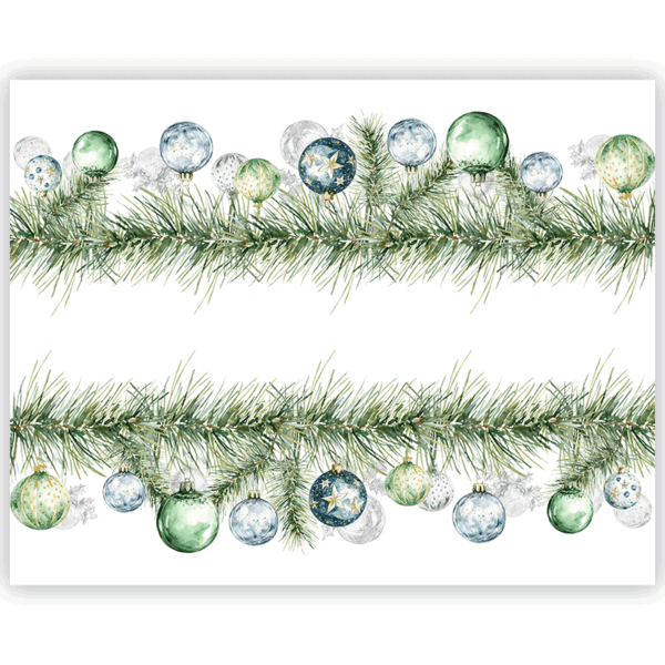 Christmas tablecloth in pure linen featuring an elegant print of pine branches and Christmas baubles in shades of green and gold