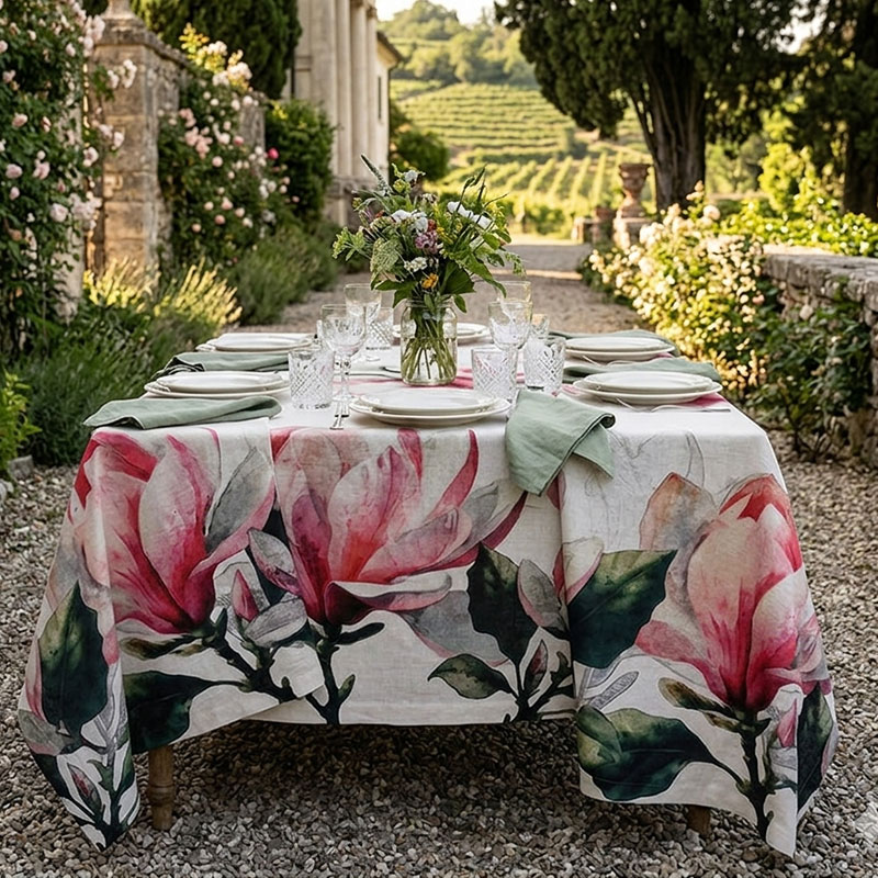 tobaglia-di-lino-magnolia-rosa-la-bottega-di-casa Pure linen tablecloth with large hand-painted pink and coral magnolia flowers, draped over an outdoor table at a historic Italian villa, surrounded by blooming roses and lavender, with white plates and crystal glassware set for an elegant summer lunch.