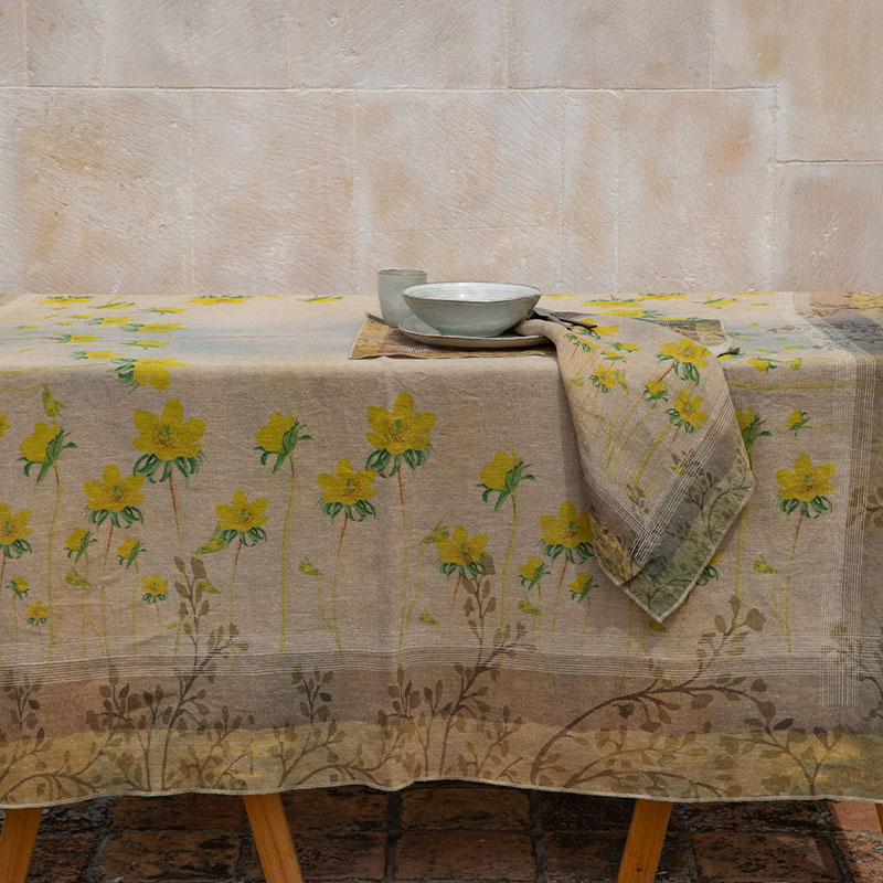 Tablecloth Pie' di Gallo-la-bottega-di-casa tablecloth linen and hemp with yellow flowers