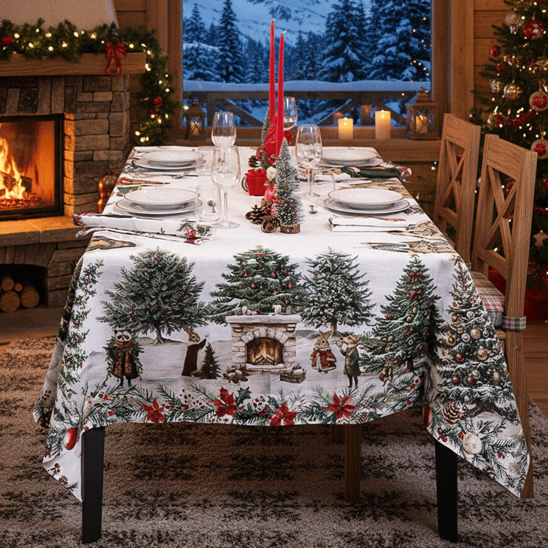 Linen Tablecloth Xmas Village-la-bottega-di-casa tovaglia con scene di un antico villaggio natalizio