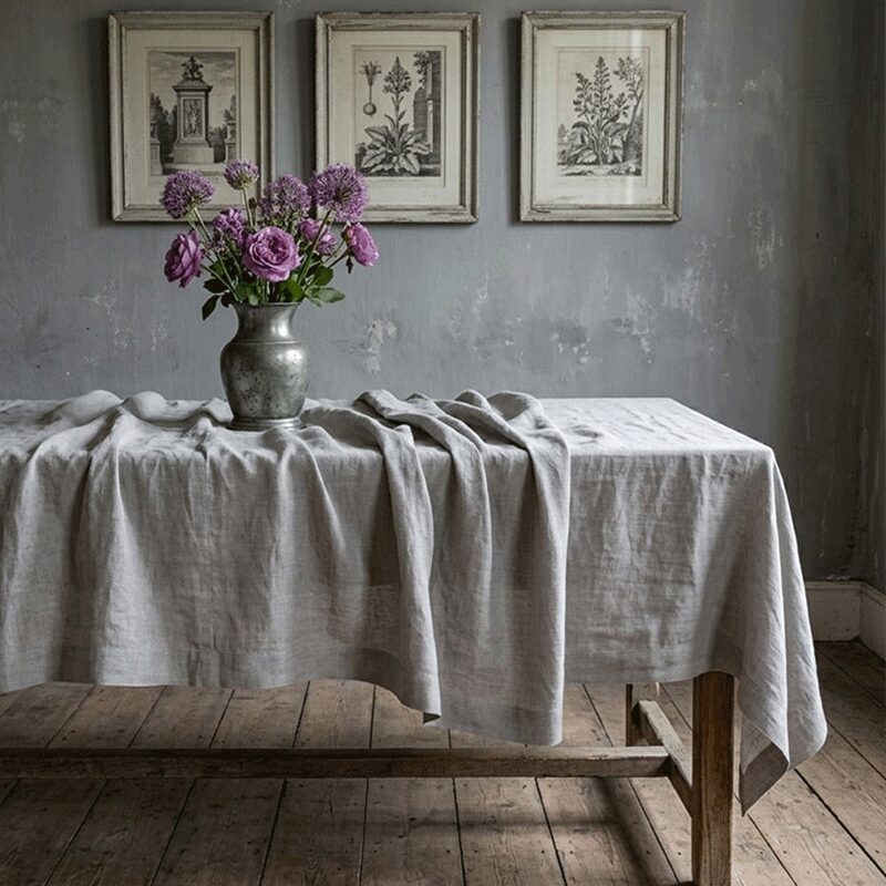 luxury-grey2-vintage-linen-bespoke--tablecloth-la-Bottega-di-Casa Close-up of stonewashed grey linen tablecloth draped over a table with a mauve flower arrangement