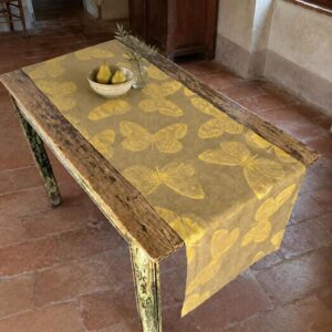 Italian linen damask runner with yellow butterflies on a natural ground