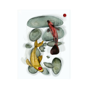 Linen and cotton kitchen towel with a Japanese ink wash illustration of two koi carp — one golden, one red — among grey river stones on an ivory white ground.