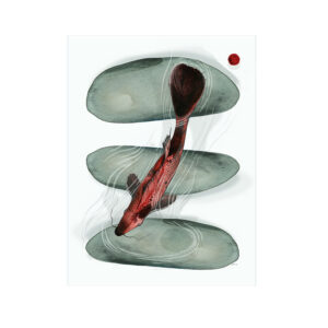 Linen and cotton kitchen towel with a Japanese ink wash illustration of a single red koi carp weaving between three large grey river stones on an ivory white ground. Red seal top right