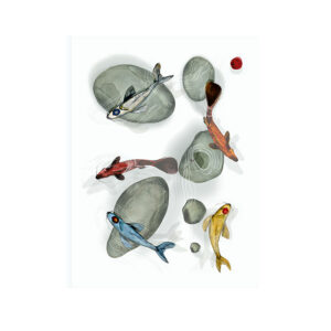 Linen and cotton kitchen towel with a Japanese ink wash illustration of four koi carp in different colours — golden, blue, red and burnt orange — among grey river stones on an ivory white ground. Red seal top right