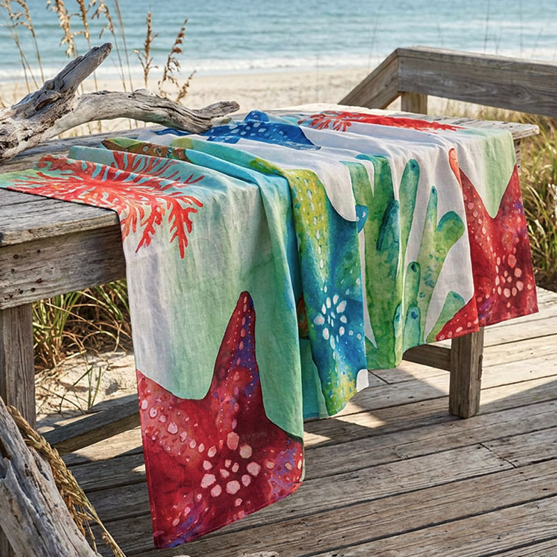 Fondale Linen Tablecloth -La-Bottega-di-Casa Linen tablecloth featuring colorful starfish and coral designs