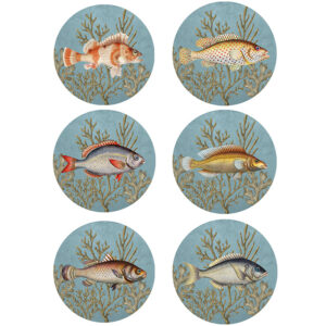 Six round fish charger plates with vintage marine illustrations and golden corals on powder blue, made in Italy