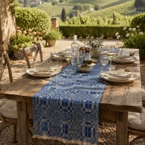 Blue Optical hemp and cotton table runner on a rustic wood table overlooking Italian vineyards