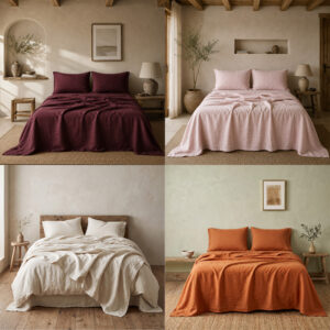 four colors of the stonewashed linen sheet set shown side by side