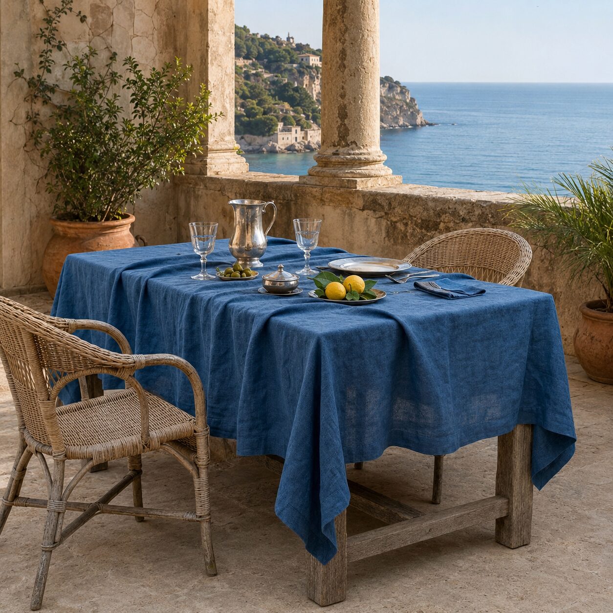 luxury-cobalto3-vintage-linen-bespoke-tablecloth-la-Bottega-di-Casa Cobalt blue Vintage linen tablecloth set on a stone terrace between columns, with a silver pitcher, crystal glasses, olives and lemons, sea view in the background