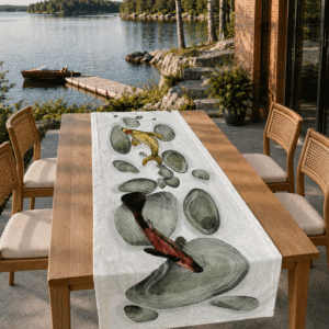 Carpe linen-cotton jacquard table runner displayed on a wooden dining table overlooking a quiet lake.