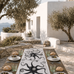 Polipo Octopus Table Runner on a rustic wood dining table in a Mediterranean outdoor setting