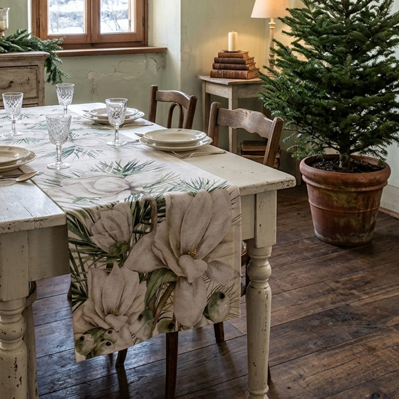 Magnolia Linen Table Runner-La-Bottega-di-casa Magnolia runner with white flowers on a pale table set for dining, beside an undecorated evergreen in a terracotta pot.