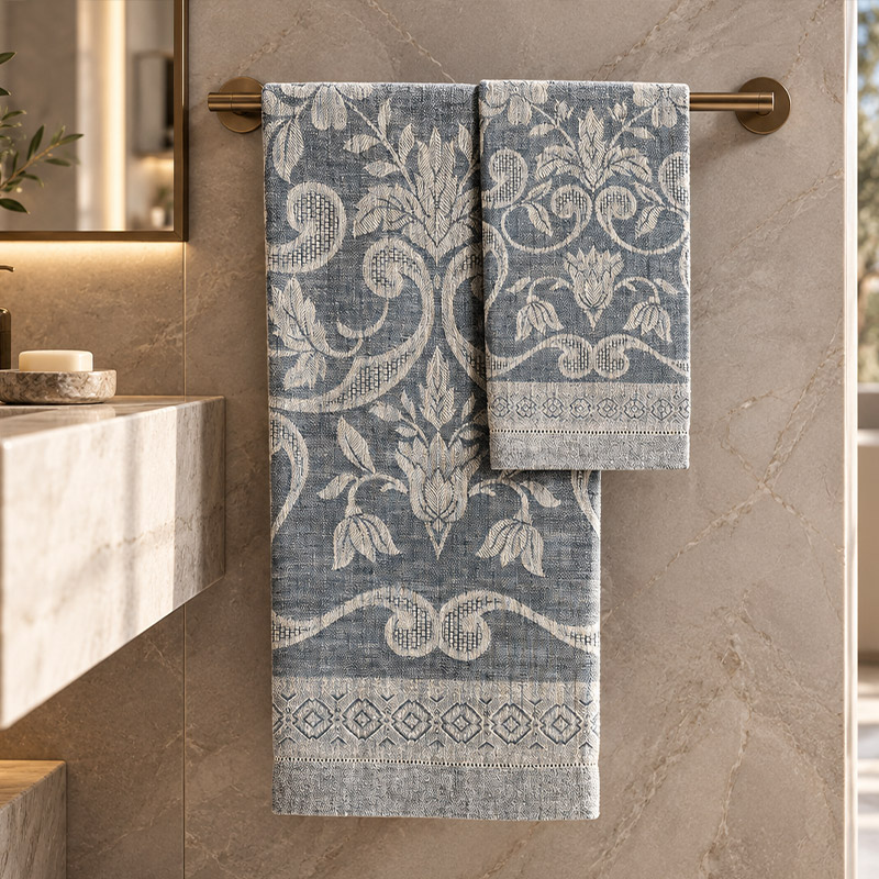 Damasco Linen Towel – Tessitura Pardi-La-Bottega-di-Casa Avio blue Damasco linen towels by Tessitura Pardi in two sizes, displayed in an elegant contemporary bathroom