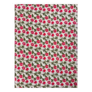 Amy Gray throw shown flat, with small red and mauve flowers linked by olive-green stems and leaves on a light gray background.