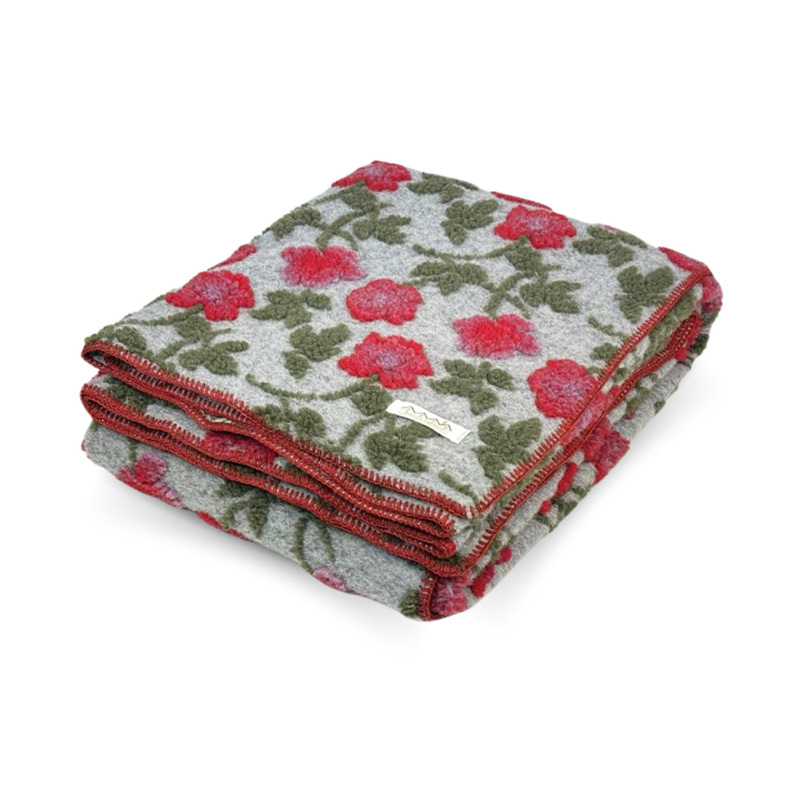 Amy Gray Boiled Wool Throw-La-Bottega-di-Casa Folded Amy Gray boiled wool throw with raised red flowers and olive-green leaves on light gray, finished with red edge stitching.