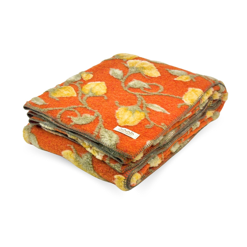 Narciso Orange Boiled Wool Throw-La-Bottega-di-Casa Folded Narciso Orange boiled wool throw with raised yellow flowers and sage-green stems, finished with green edge stitching.