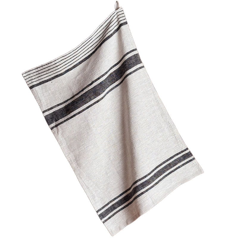 Black Rustic Linen Tea Towel 1-La-Bottega-di-Casa Black Rustic Linen Tea Towel 1 with woven black stripes on a natural linen background, 50 × 70 cm.