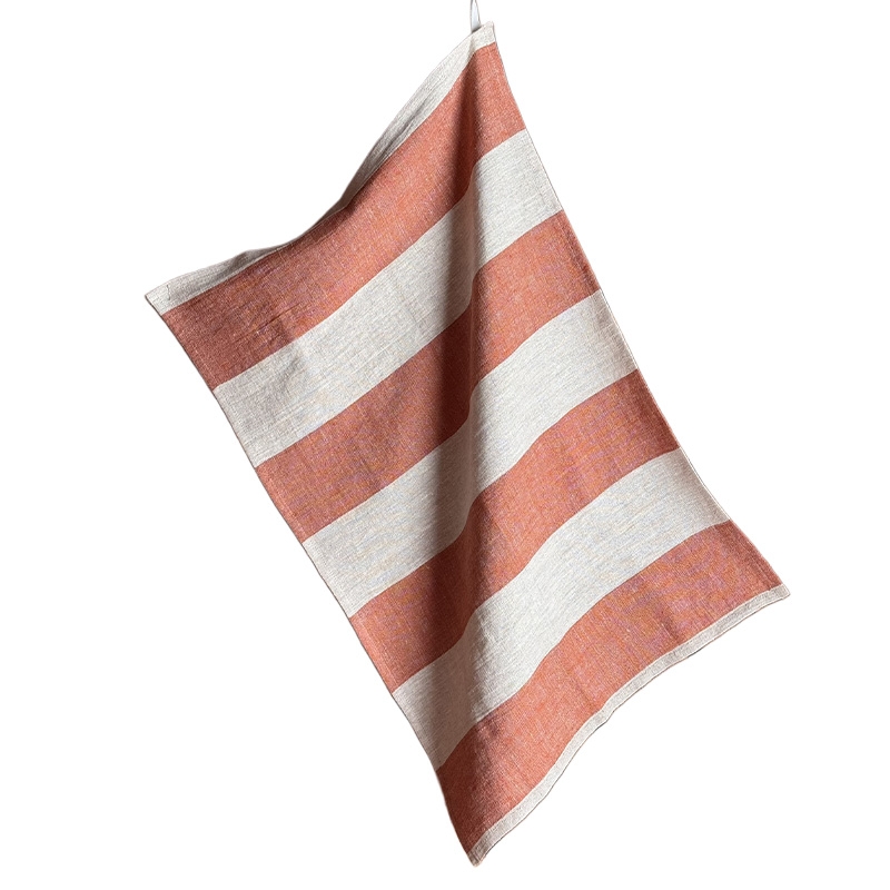 Terracotta Rustic Linen Tea Towel 1-La-Bottega-di-Casa Terracotta Rustic Linen Tea Towel 1 in yarn-dyed Lithuanian linen with wide terracotta and natural woven stripes.